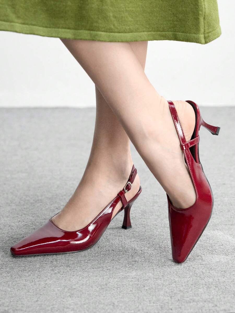 CUCCOO BIZCHIC Giày sandal nữ mũi nhọn gót nhọn bằng da PU, thiết kế tối giản thời trang, thoải mái cho sử dụng hàng ngày, dự tiệc và các sự kiện. - Màu Đỏ Sâu - Xem 1