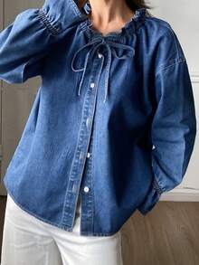 DAZY 女士系带宽松插肩袖牛仔衬衫 - 藍色 - 查看 4
