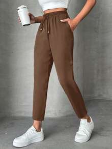 SHEIN PETITE Petite Pants With Drawstring, Slanted Pockets - Brown - View 4