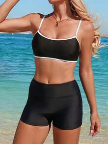 Swim SPRTY Women's Contrast Trim Spaghetti Strap Bikini Top - Black - View 8