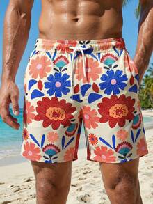 Manfinity Swimmode Herrshorts med blommönster och dragsko i midjan, sommar, avslappnade strandshorts - Blå - Visa 3