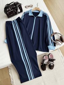 Comfortcana Blaues Ribbon Zweiteiler Set in Große Größen, Lässig und Sportlich - Blau - Übersicht 7