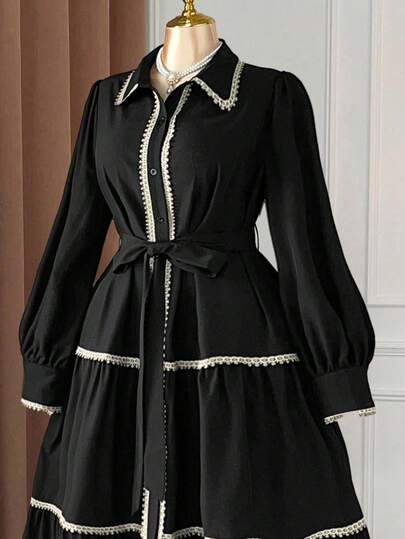 DreamSkyne 大码女装秋季法式复古宫廷灯笼袖系带腰单排扣拼金边长袖修身优雅超长连衣裙，适合返校、毕业、情人节、圣诞节、音乐节、母亲节、万圣节、感恩节、复活节、国庆节、舞会、约会派对、婚礼季、户外旅行