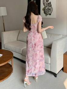 DAZY 女士扎染心形领修身长裙 - 米色 - 查看 5