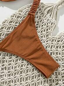 Swim Mod Pakaian Pantai Musim Semi untuk Wanita, Set Bikini 2 Potong Seksi Tanpa Tali dengan Dekorasi Logam dan Tali Ikat, Warna Polos untuk Wanita - Coklat - View 5