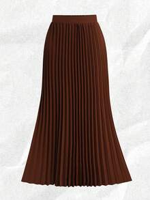 SHEIN Franclia Bộ 2 món dành cho nữ: Áo tay ngắn cổ cao xếp ly thắt eo + Chân váy ngắn xếp ly cạp chun, thích hợp cho mùa xuân, hè, thu, đông, thanh lịch, thường ngày và công sở. - Màu be - Xem 4