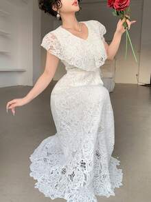 DAZY 女士优雅蕾丝领无袖长裙，夏季婚礼宾客礼服 - 白色 - 查看 4