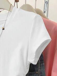 Resyla 女士蝴蝶印花修身褶裥腰短袖T恤，夏季新品 - 白色 - 查看 3