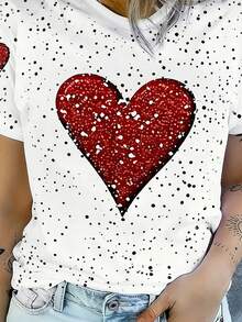 INAWLY 女士爱心印花短袖休闲百搭圆领T恤 - 彩色 - 查看 3