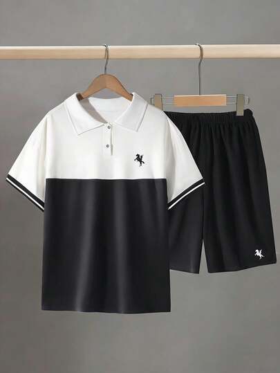 Vacaura 2pcs/Set Teenager's Polo Shirt With Contrast Color Design Short Sleeve Top And Shorts, Casual Gentleman Sports Outfit For Daily Wear