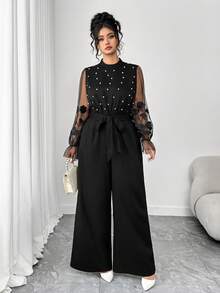 Elenzga جمبسوت فضفاضة مستقيمة بياقة عالية وأكمام طويلة من الراجلان مع تطريز لؤلؤي ورقعات من الشبك، مقاسات كبيرة - الأسود - مشاهدة 4