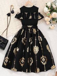 Tween Girls Elegant Patterned Dress - Black - View 2