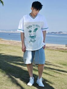 DAZY 男士夏季棕榈树字母印花拼接网眼T恤 - 白色 - 查看 6