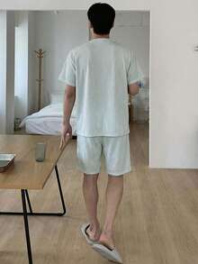 DAZY Conjunto de pijama de camisa de manga corta y pantalones cortos de verano para hombre - Verde - Ver 2