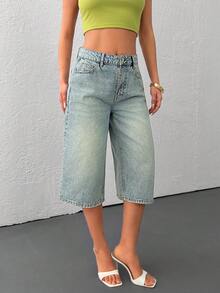 EURMUSE Quần short denim dáng rộng, thoải mái, đã qua xử lý giặt. - Rửa trung bình - Xem 5