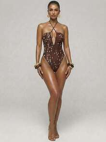 SHEIN BAE 女士性感优雅浪漫印花吊带露背镂空高开衩连体泳衣，度假装 - 棕色 - 查看 4