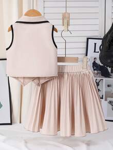 Conjunto de blusa sin mangas y falda plisada para niñas, adecuado para la escuela, salidas y otras ocasiones - Albaricoque - Ver 2