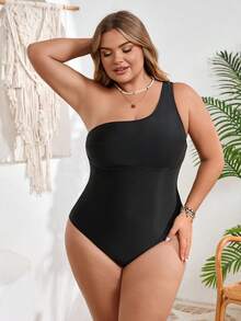 SHEIN CURVE+ Plus Size Women One-Piece Swimsuit, Shoulder Strap, Suitable For Summer Vacation - Black - View 4