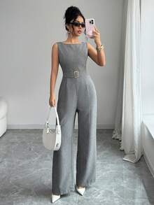 Rafferiza 法式浪漫无袖高腰带光滑面料金属扣装饰阔腿直筒女式连体裤女士夏季服装女士办公服装外出服装喇叭连体裤无袖连体裤裤装女士优雅连体裤女士连体裤 - 灰色 - 查看 5