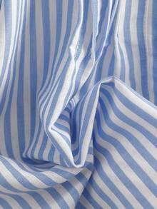 Franclia 条纹法式复古衬衫 - 大蕾丝刺绣镂空领+泡泡袖，门襟荷叶边青春设计，舒适梭织面料 - 藍色 - 查看 3