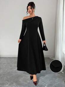 Elenzga Rochie de seară cu guler înalt, mânecă lungă, model A, tiv tip coadă de pește, tricotată moale, mărime plus, pentru ieșiri, petreceri, întâlniri și naveta - Negru - Vizualizare 5