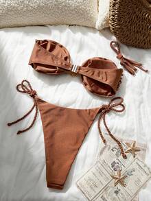 Swim Chiccia Set Bikini Bandeau Wanita Elegan Warna Cokelat Kopi dengan Dekorasi Tali, Baju Renang dengan Tali yang Dapat Dilepas dan Aksen Rumbai Metalik, Set Pakaian Renang Liburan Pantai Musim Panas - Coklat - View 3
