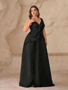 SHEIN Belle Plus Size Deep V-Neck High Slit Asymmetrical Bow Formal Dress, Elegant Evening Gown - Black - View 4