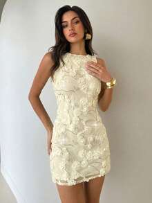 Aloruh Women's Backless Embroidered Chiffon Mini Dress,White Floral,Summer,Elegant,Party,Sleeveless A-Line Bodycon 3D Floral Sequin Cocktail Ivory Dress - Yellow - View 3
