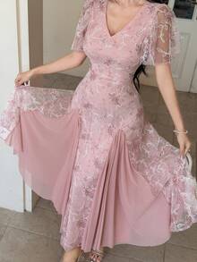 DAZY Vestido midi elegante de mujer con cuello en V, manga corta, bordado, plisado y volante en el bajo, vestido de invitada de boda, vestido de verano - Rosa Pálido - Ver 2