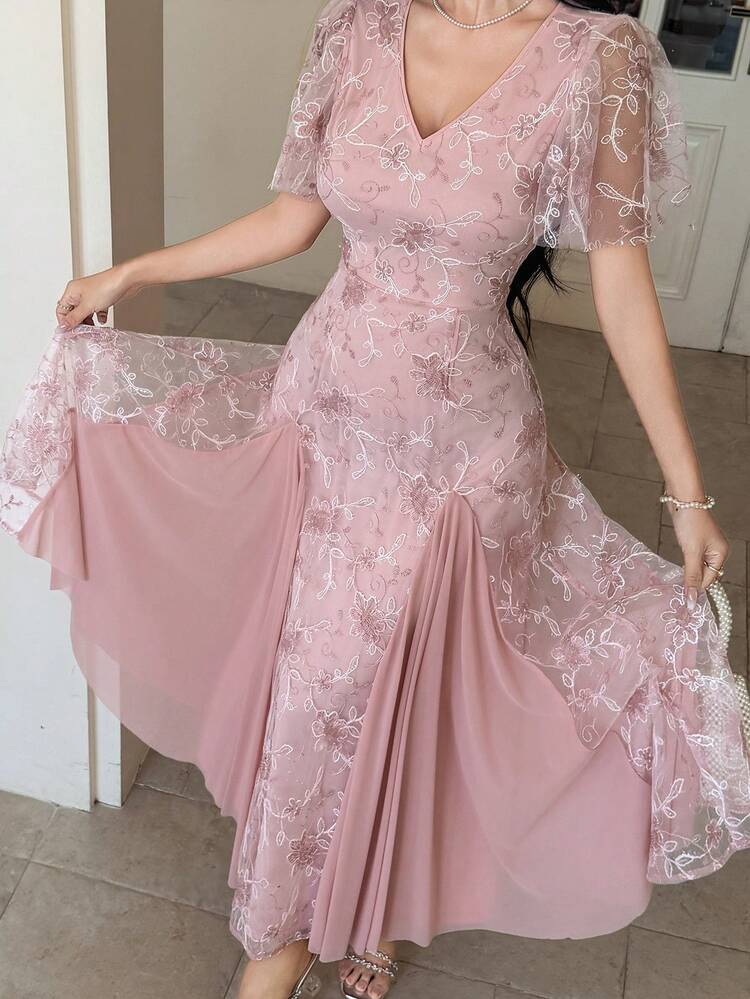 Women's V-Neck Short Sleeve Elegant Embroidered Pleated Ruffle Hem Midi Dress Wedding Guest Dress Sundress