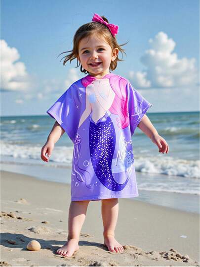Young Girls Cover Ups Purple One-Piece Positioning Mermaid Printed Beach Towel Cover, Towel Cloth. Fashionable, Casual, Cute, Exquisite, Gorgeous, Ladies Suitable For Swimming, Suitable For Summer Vacation, Beach, Beach, Swimming Pool, Summer Party, Leisure Vacationa Nd Leisure Trips Kids Clothing Sun Protection Kids Beach Cover Up Kids Swimsuit Cover Up Kids Purple Swim Cover Up
