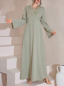 Al Najma Solid Color Applique Tie-Up Cinched Waist Elegant Flared Dress For Women - Green - View 9