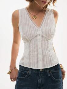 Poéselle Women's Single-Breasted Fashionable White Lace V-Neck Camisole,White Lace Trim Bustier Button Up Sleeveless Top For Women, Summer V Neck Blouse, Casual Essential Shirt,Summer Blouse,French-Style  Blouse - White - View 5