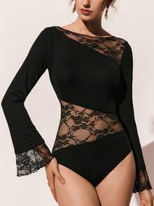 Poéselle Women's Solid Color Lace Patchwork Minimalist Daily Wear Long Sleeve Bodysuit,Black Lace Long Sleeve Bodysuit - Sheer Mesh Party Outfit For New Year's Eve And Valentine's Day,Elegant Bodysuit  Women,Casual Bodysuit  For Women, Mesh Bodysuit, Bodysuits For Women Long Sleeve, Lace Bodysuit, Black Lace Bodysuit, Lace Body Suit,French Style Body Suit - Black - View 3