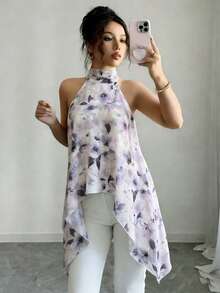 Breezaya Áo khoác mùa hè cho nữ, kiểu cổ yếm, hở lưng, thắt nơ, chất liệu chiffon, họa tiết hoa màu nước, cổ đứng, vạt áo bất đối xứng, kiểu dáng suông, thanh lịch, thoải mái, thích hợp cho kỳ nghỉ hoặc hẹn hò. - Màu tím - Xem 6