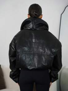 SAYEHFBABY 加厚翻领仿皮外套，适合夜间外出、秋季、冬季、返校季、日常穿着、圣诞派对、优雅晚宴等场合。 - 黑色 - 查看 2