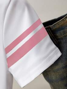 Resyla Áo thun mùa hè phối màu kẻ sọc thêu hình trái tim - trắng - Xem 5