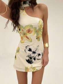 Aloruh 女士优雅印花无袖露背迷你连衣裙，夏季 - 淡黃色 - 查看 3