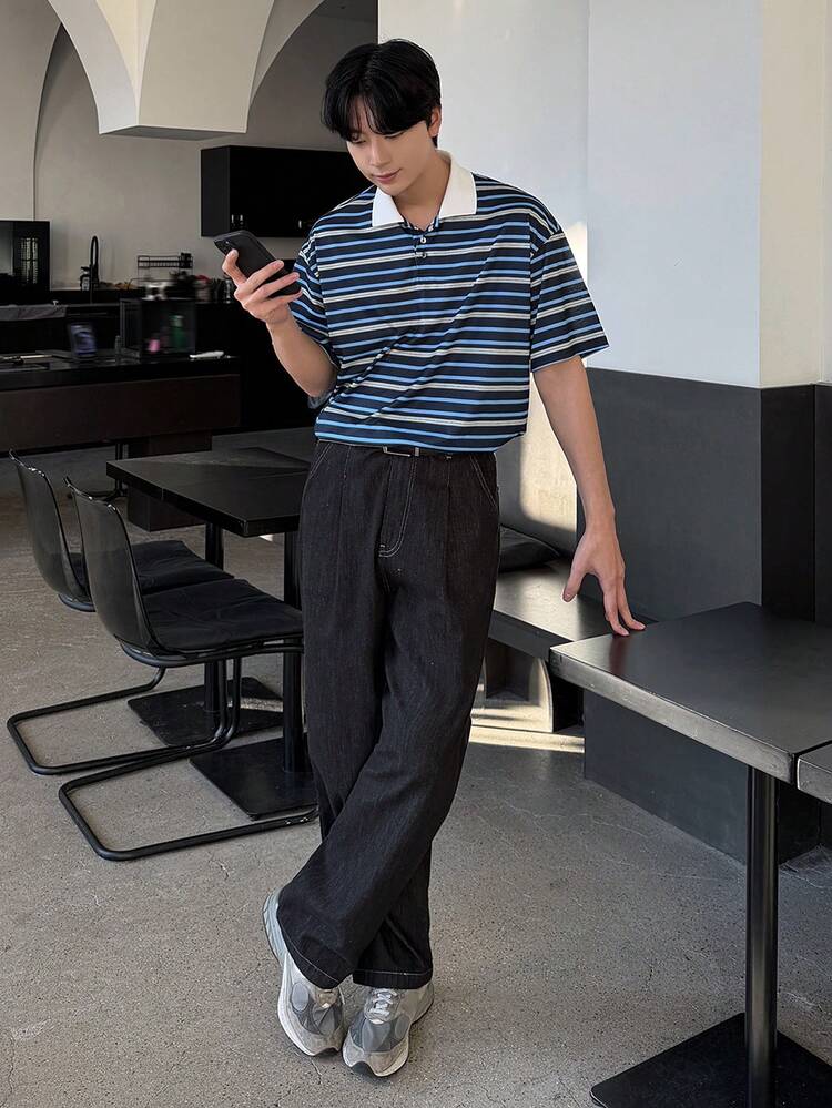 Men's Striped Patchwork Collar Polo Shirt, Summer