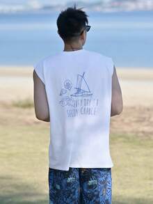 DAZY Men's Letter Print White Loose Tank Top, Summer - White - View 2