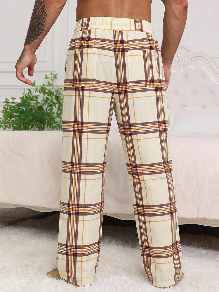 Men's Plaid Gray & White Elastic Waist Lounge Pants, Spring
