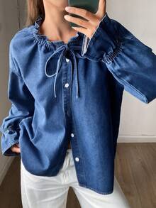 DAZY 女士系带宽松插肩袖牛仔衬衫 - 藍色 - 查看 6