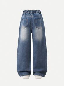 SHEIN ChillGRL Girls' New Fashion Cute Heart Embroidery Straight Leg Loose Fit Jeans - Light Wash - View 2