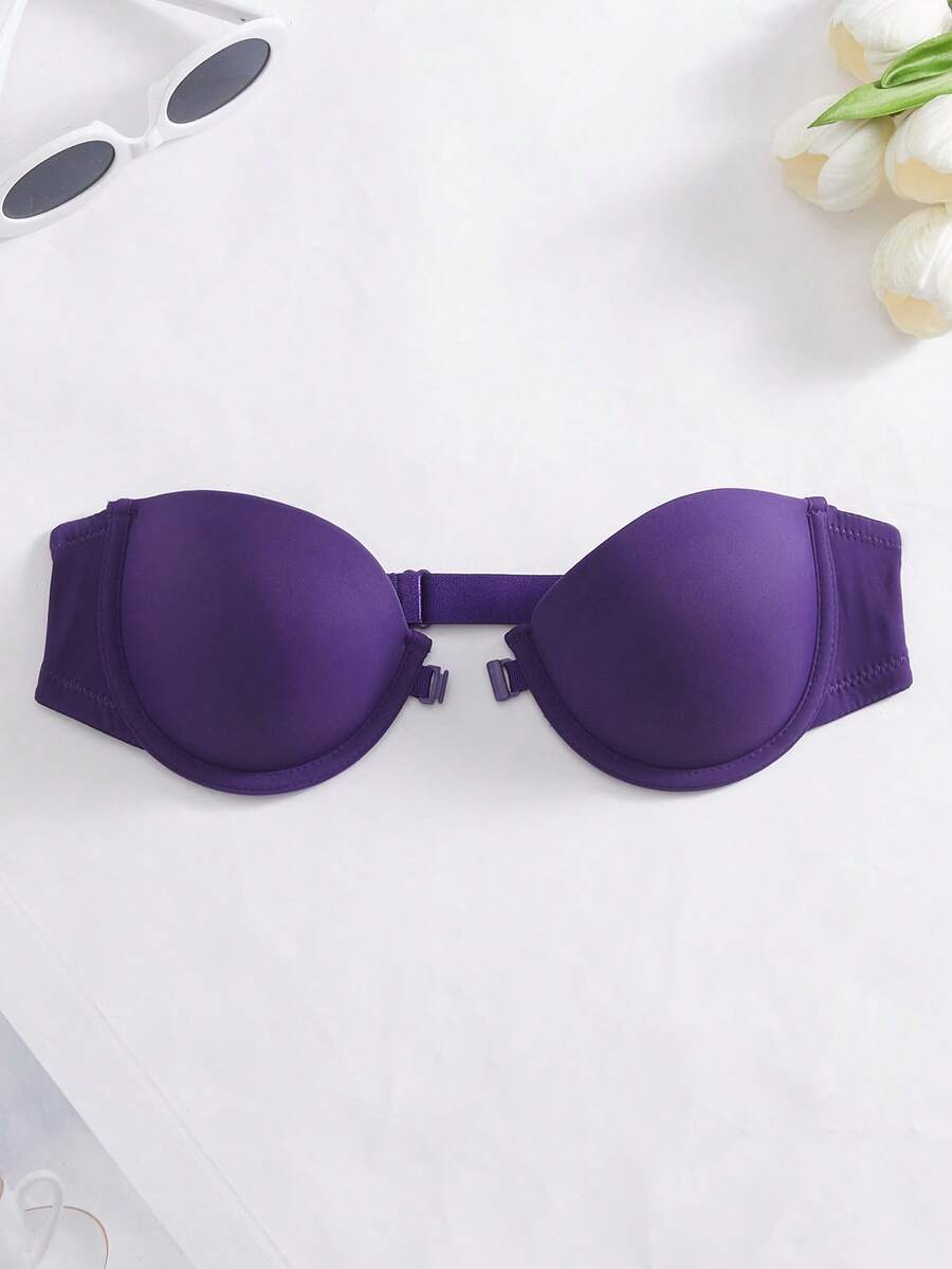 1pc Women's Solid Color Strapless Minimalist Comfortable Underwire Bra - Purple - View 1