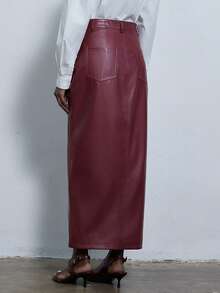 Aveloria Modichic Women's Solid Color High Waist Pocket Slit Hem PU Leather Mid-Length Skirt - Red - View 2