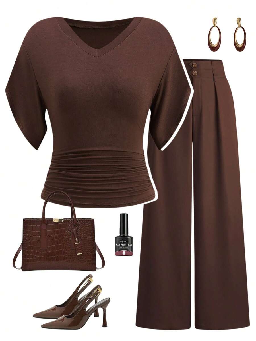 Ellevyn Áo thun nữ cổ chữ V tay ngắn xếp ly màu trơn kiểu dáng thường ngày - Màu nâu  Mocha - Xem 1