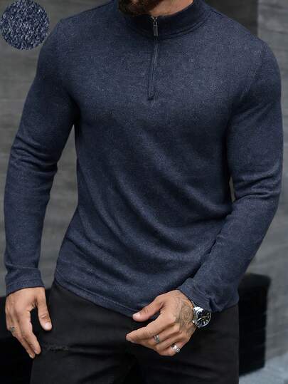 Manfinity CasualCool Men's Casual Commuter Long Sleeve Zip-Up T-Shirt Men Sweater Top Men Turtleneck Shirts Navy Blue Sweater Mens Henley Mock Neck Men Men Tops Long Sleeve Navy Blue Top Men Old Money,Daily Leisure, Weekend Trips, Outdoor Activities, Travel Expeditions, Relaxed Work Environments Or Semi-Formal Occasions, Boyfriend/Husband Gift, Anniversary /Birthday Gift Party Summer Vacation Holiday New Years Wedding Valentine's Day