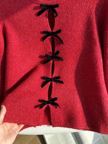SHEIN EZwear Plus Size Women Butterfly Decor Hollow Design Long Sleeve Fashionable Pullover Sweater In Fall/Winter - Red - View 7