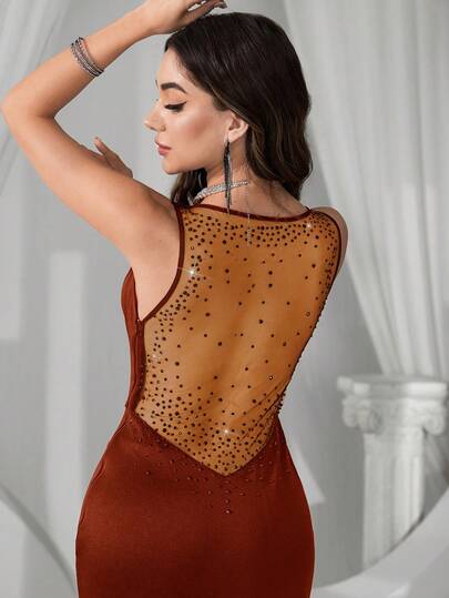 Coutiva Solid Color Mesh Patchwork Backless Rhinestone Embellished Thigh High Slit Evening Dress Rust Brown Dress Brown Sexy Dress Bandage Dress Brown Body Suit Brown Bodysuit Valentines Dress Elegant Dress Sequin Dress Floral Dress  Graduation Ceremony, School Opening, Music Festival, Birthday Party, Wedding, Afternoon Tea Gathering, Ball