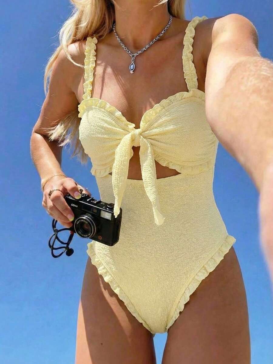 Swim Mod 新款连体泳衣，性感可爱纹理面料抹胸泳装，适合海滩度假，春夏皆宜